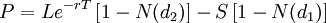 P=Le^{-rT}\left[1-N(d_2)\right]-S\left[1-N(d_1)\right]